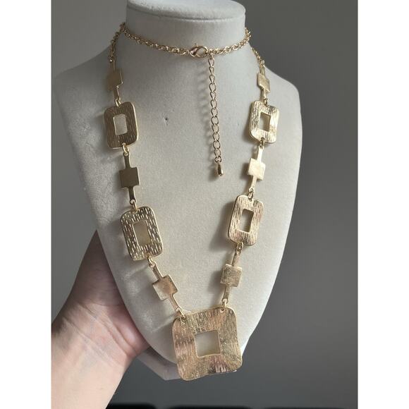 Vintage Textured Squares Gold Chain 38” Long Fashion Necklace - Picture 1 of 5